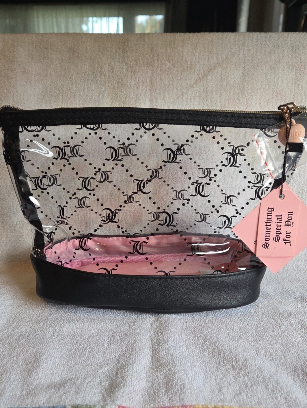 Juicy Couture Clear Cosmetic Bag with Pink Interior and Black Trim